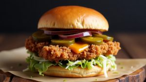 Khokha Yeti Burger with crispy fried chicken, pickles, onions, lettuce, and sesame bun